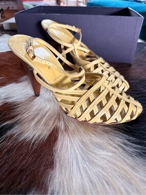 Prada Yellow Leather Woven Slingback Heels